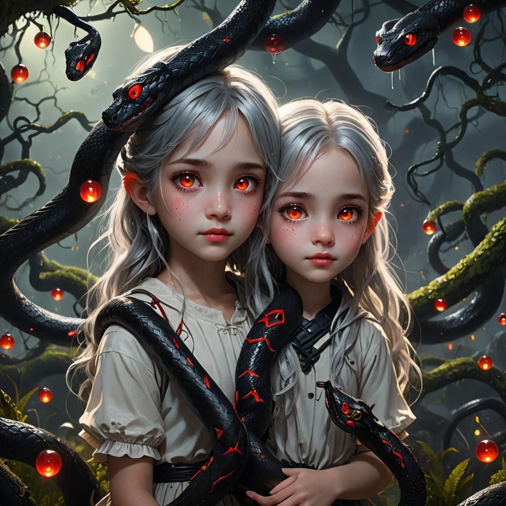 Moonlit Twins with Snake in Detailed Fantasy Art
