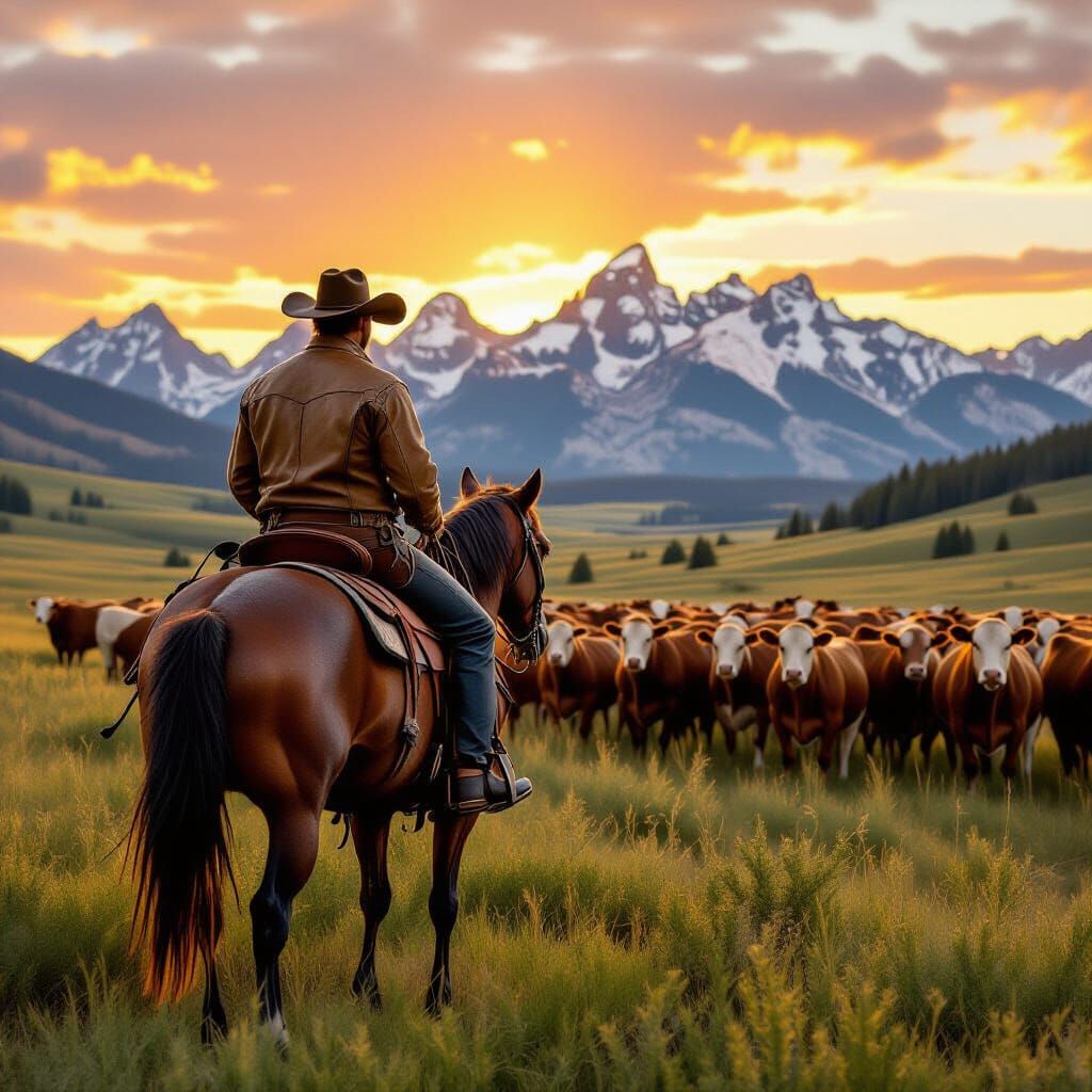 Cowboy Leads Cattle Herd to Pasture at Sunrise