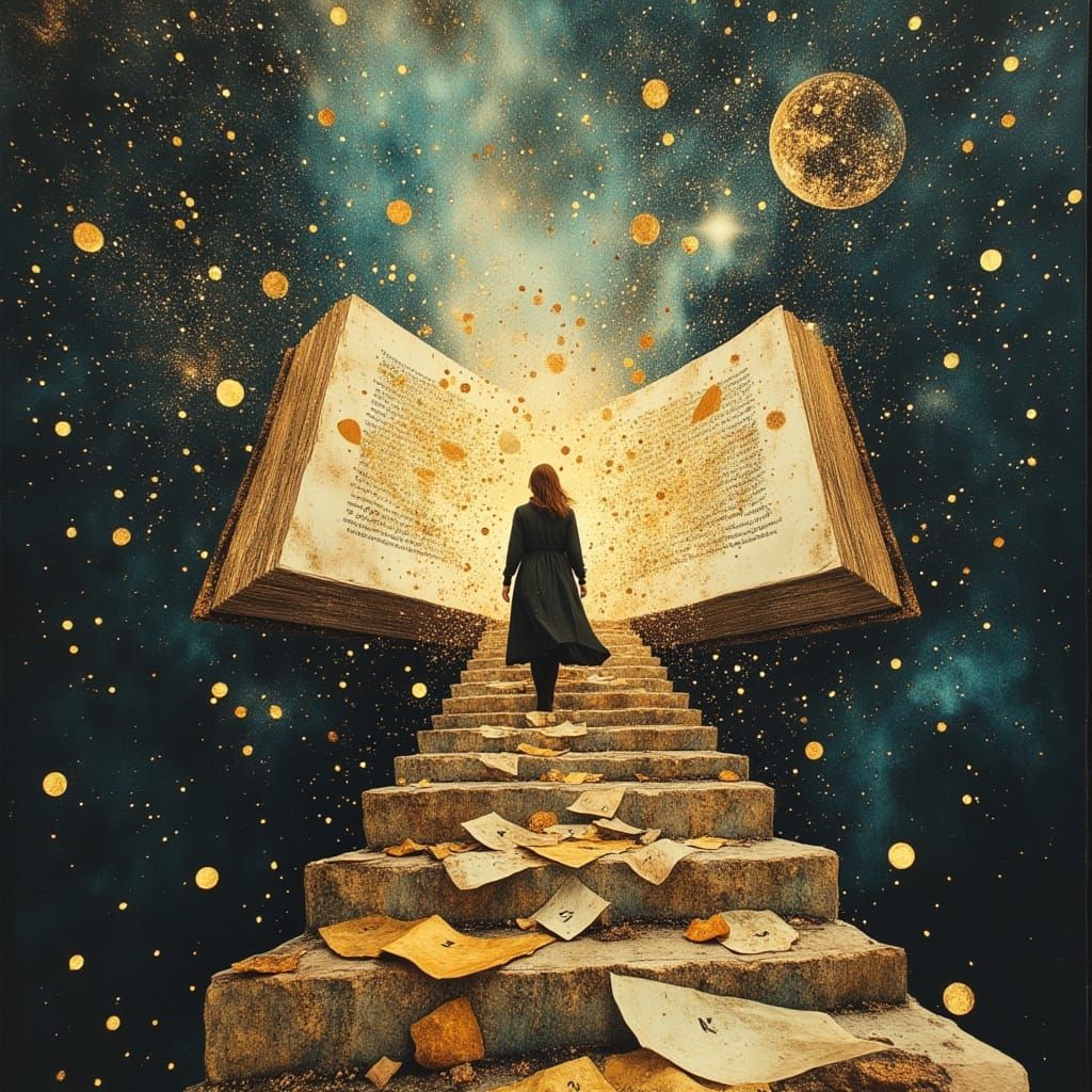 Woman Ascending Letter Staircase to Surreal Sky