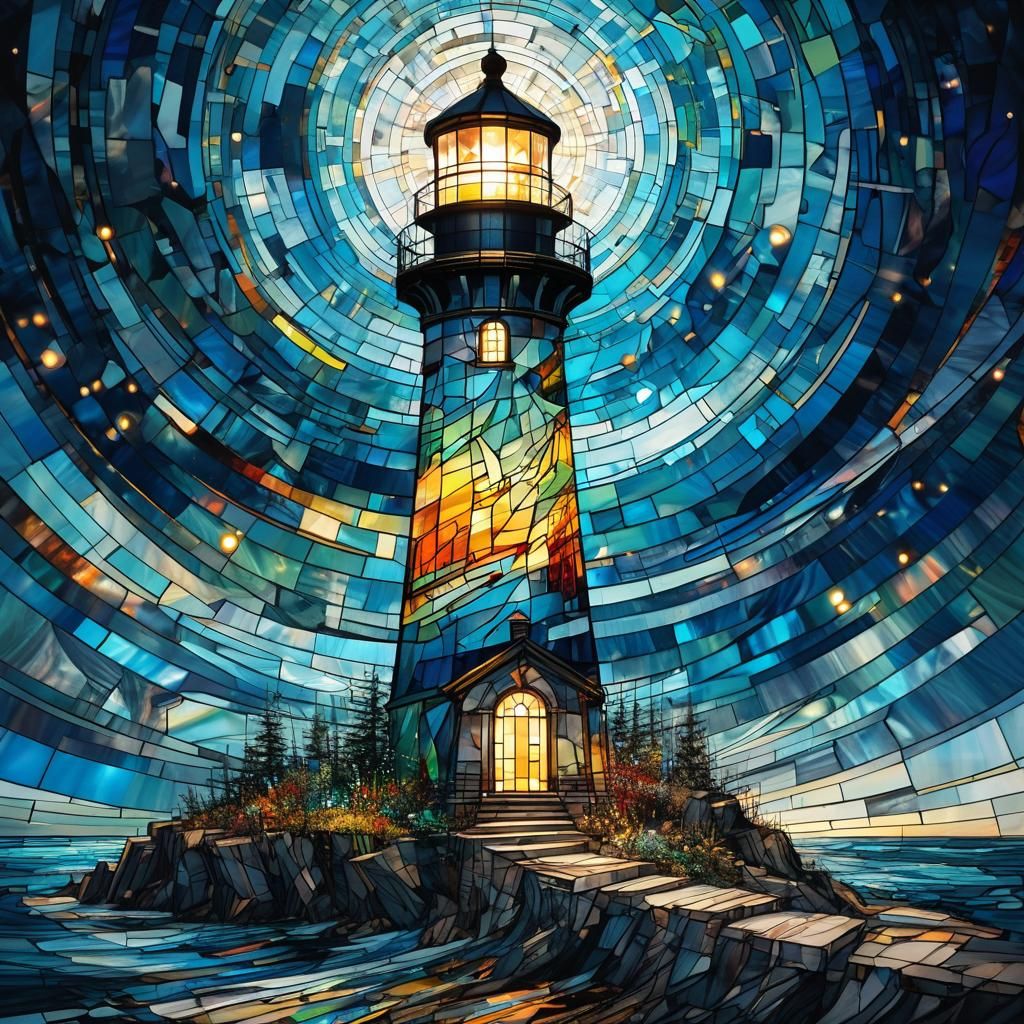 Stained Glass Lighthouse with Swirling Energy
