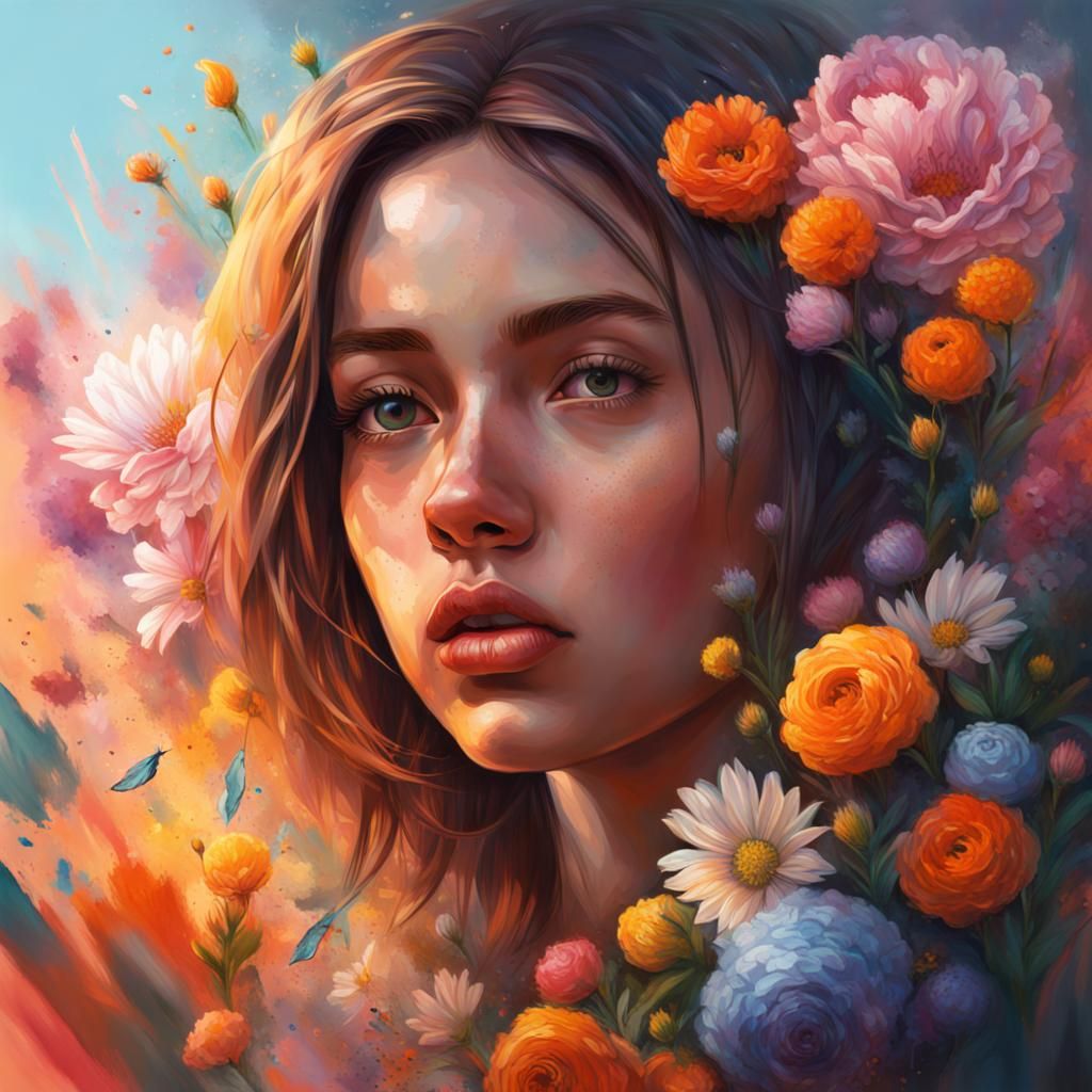 Hyperrealistic Girl with Flowers Splash Art