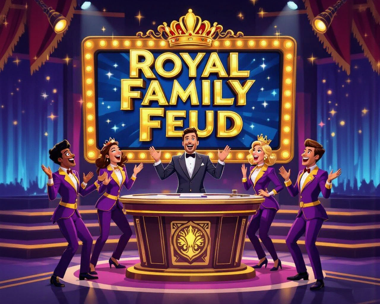 Cartoon Game Show Scene with 'Royal Family Feud'