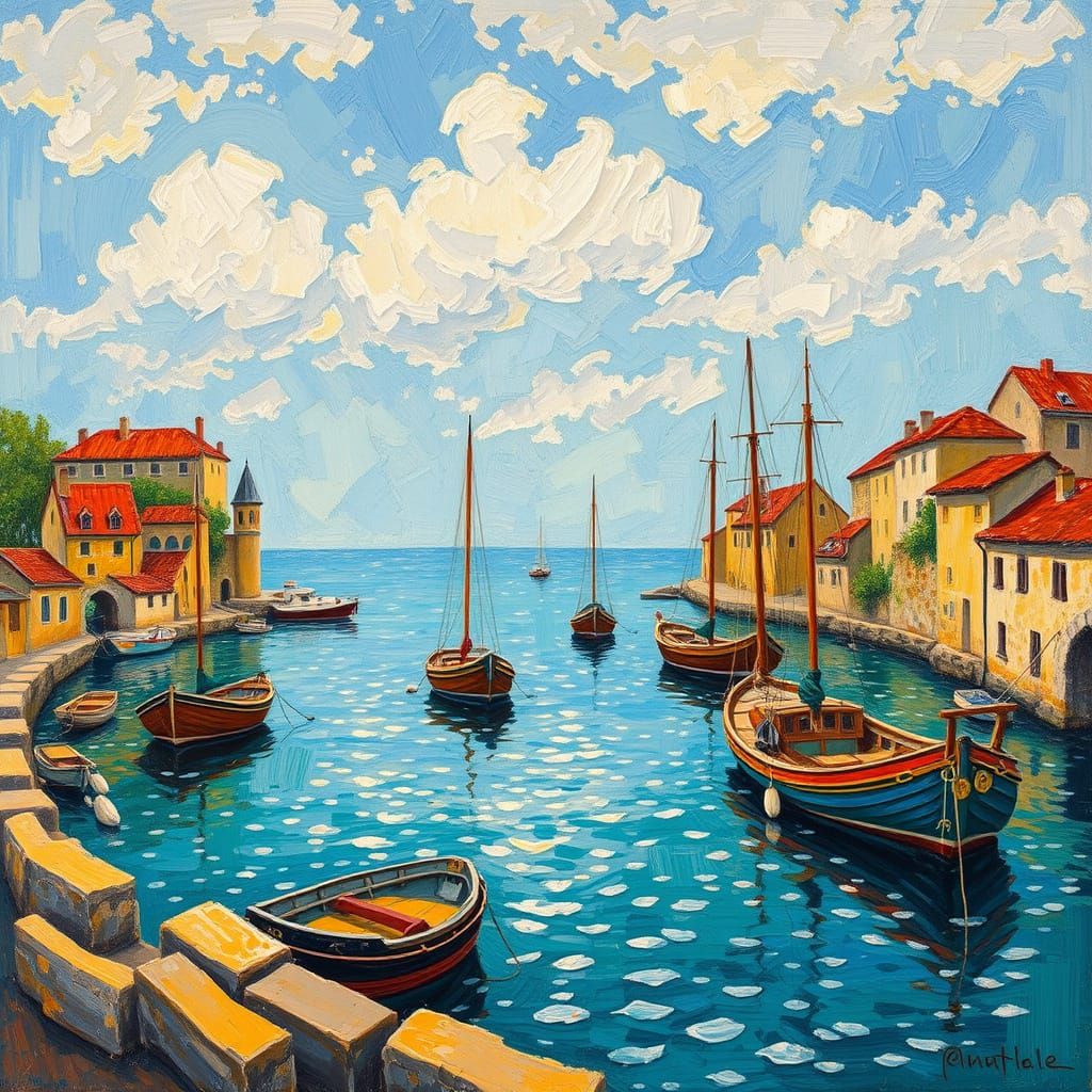 Seaside Village Harbor in Post-Impressionist Style