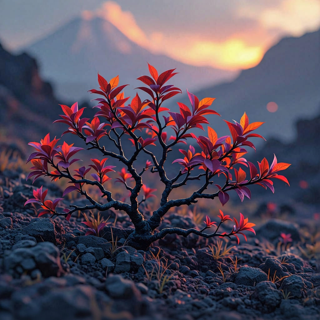 Ashblossom Shrubs on Volcanic Slope in Dark Fantasy Style