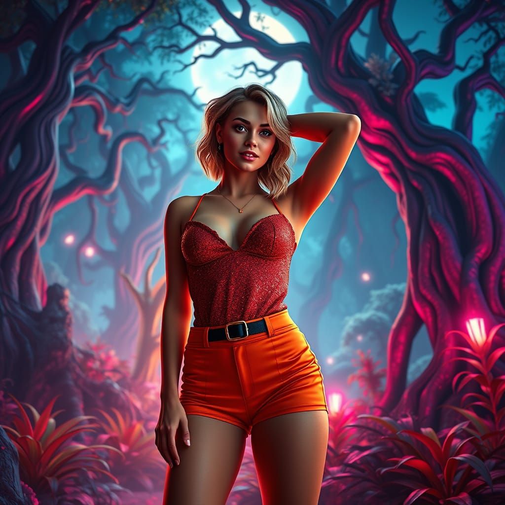 Cyberpunk Goddess in Hooters Uniform Under Ancient Trees