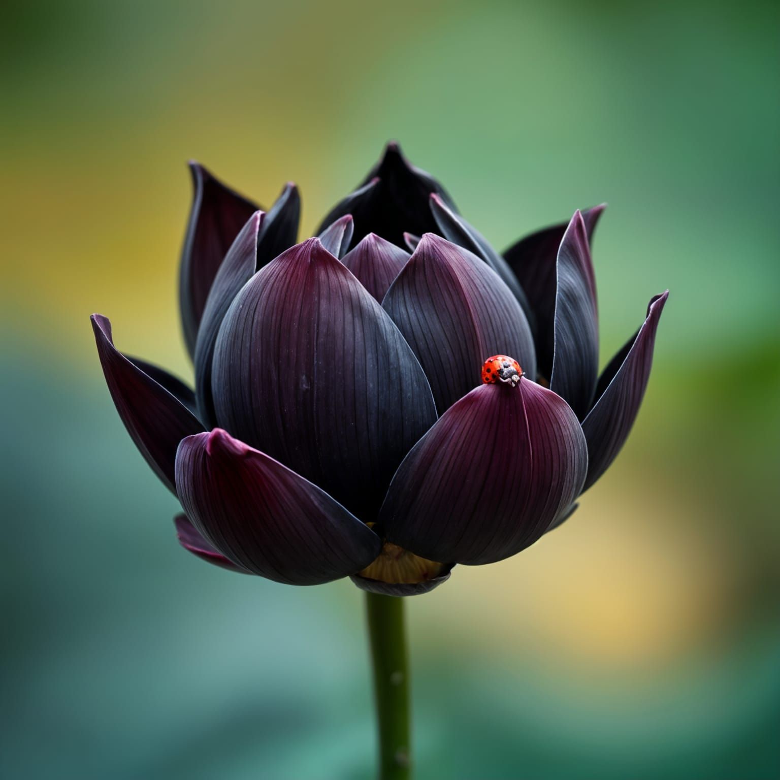 Black Lotus with Red Ladybug Macro Photograph