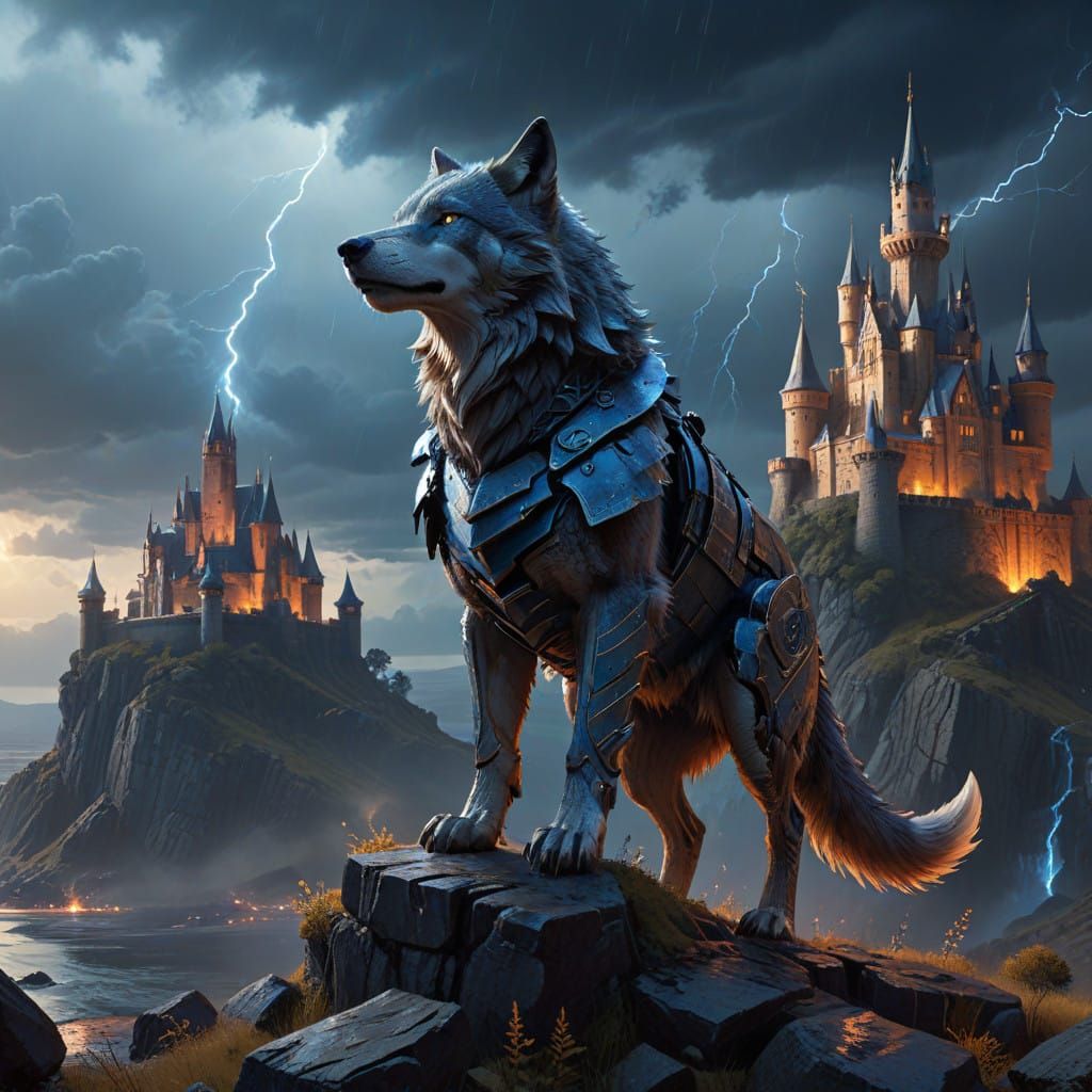 Majestic Wolf in Armor Stands on Cliff Before Medieval Castl...