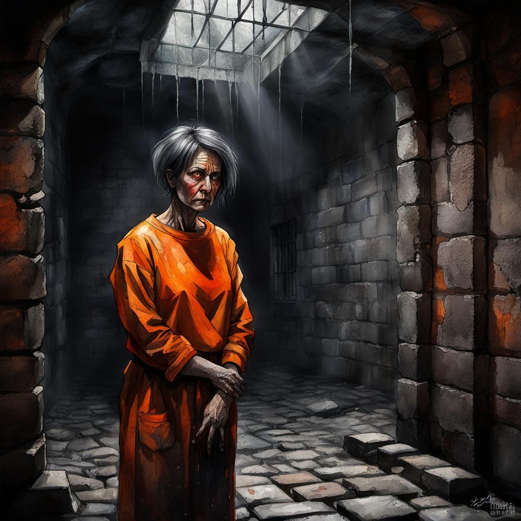 Weeping Woman in Prison: Moody Watercolor Portrait