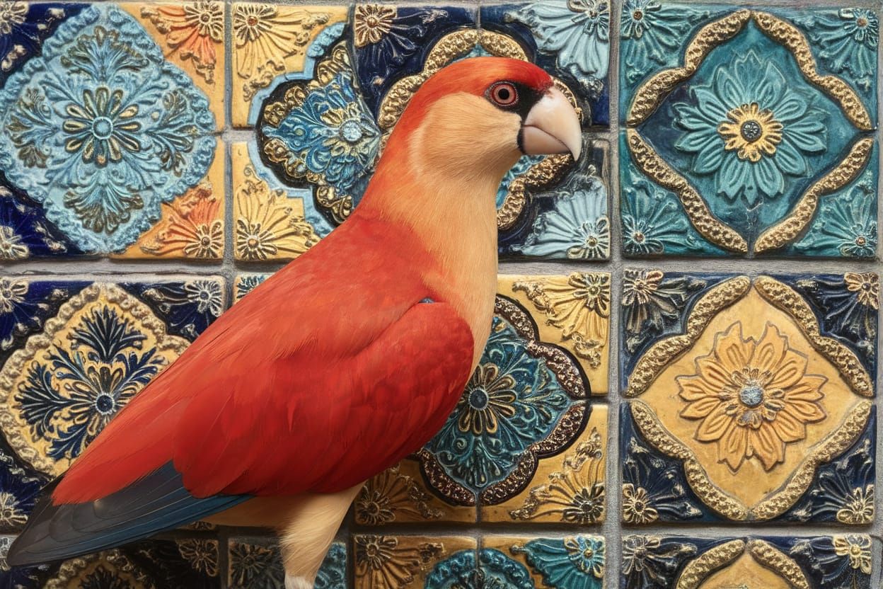 Exotic Bird Amidst Ornate Tilework in Vibrant Colors