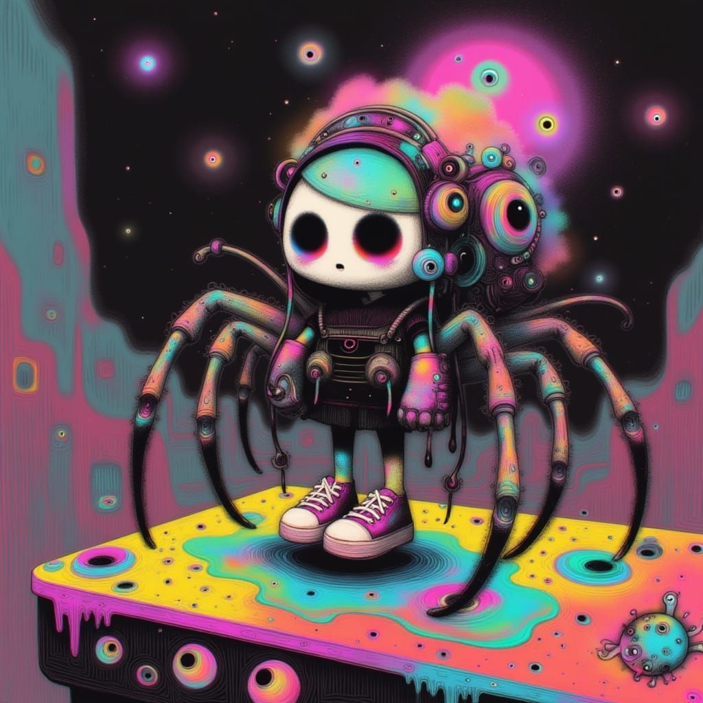 Jumping Spider Plays Arcade Game in Whimsical Style