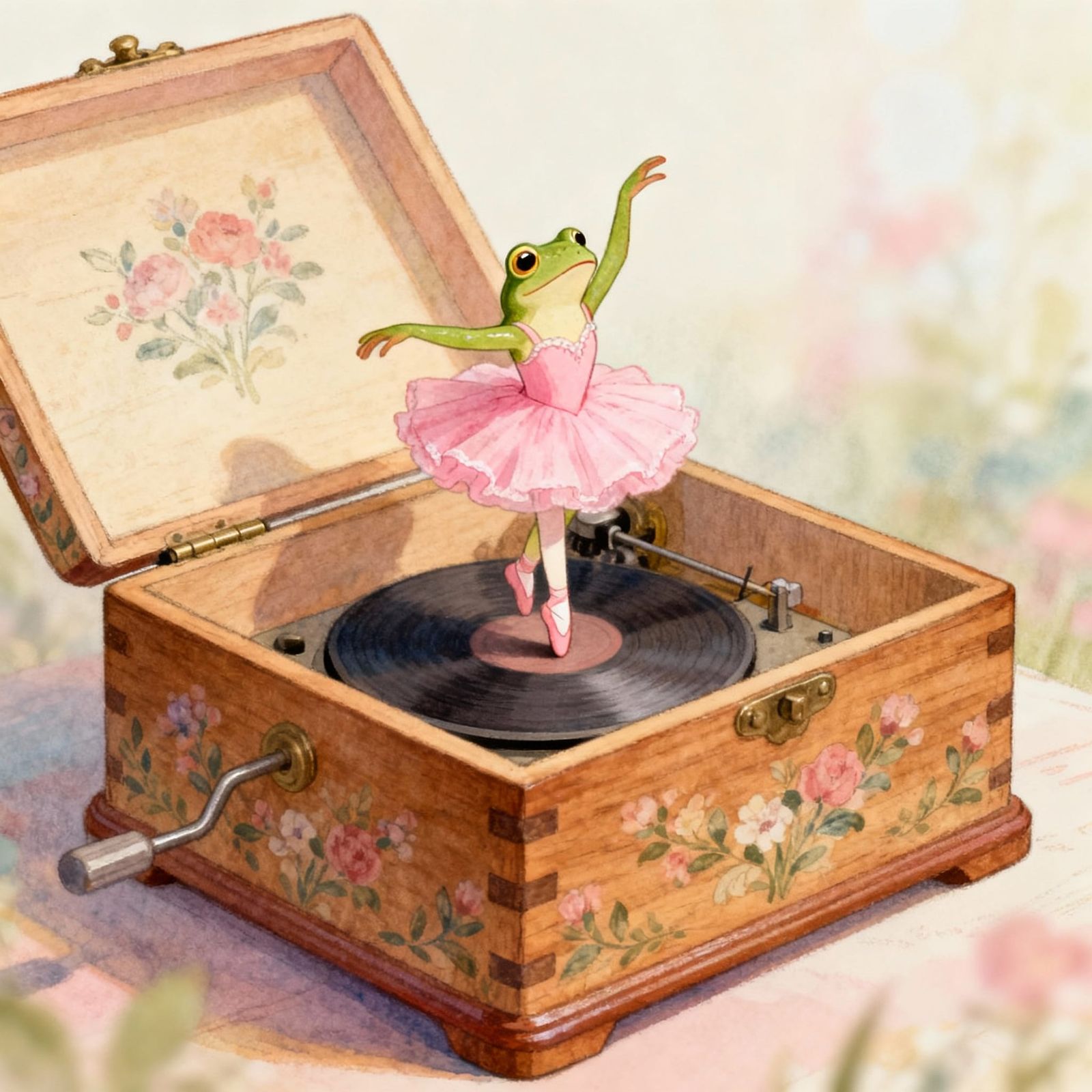 Children's book illustration, a music box with a frog baller...