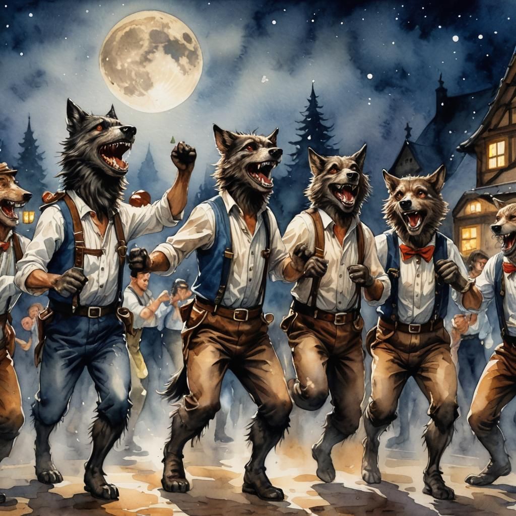Funny werewolves wearing lederhosen dancing around in festiv...