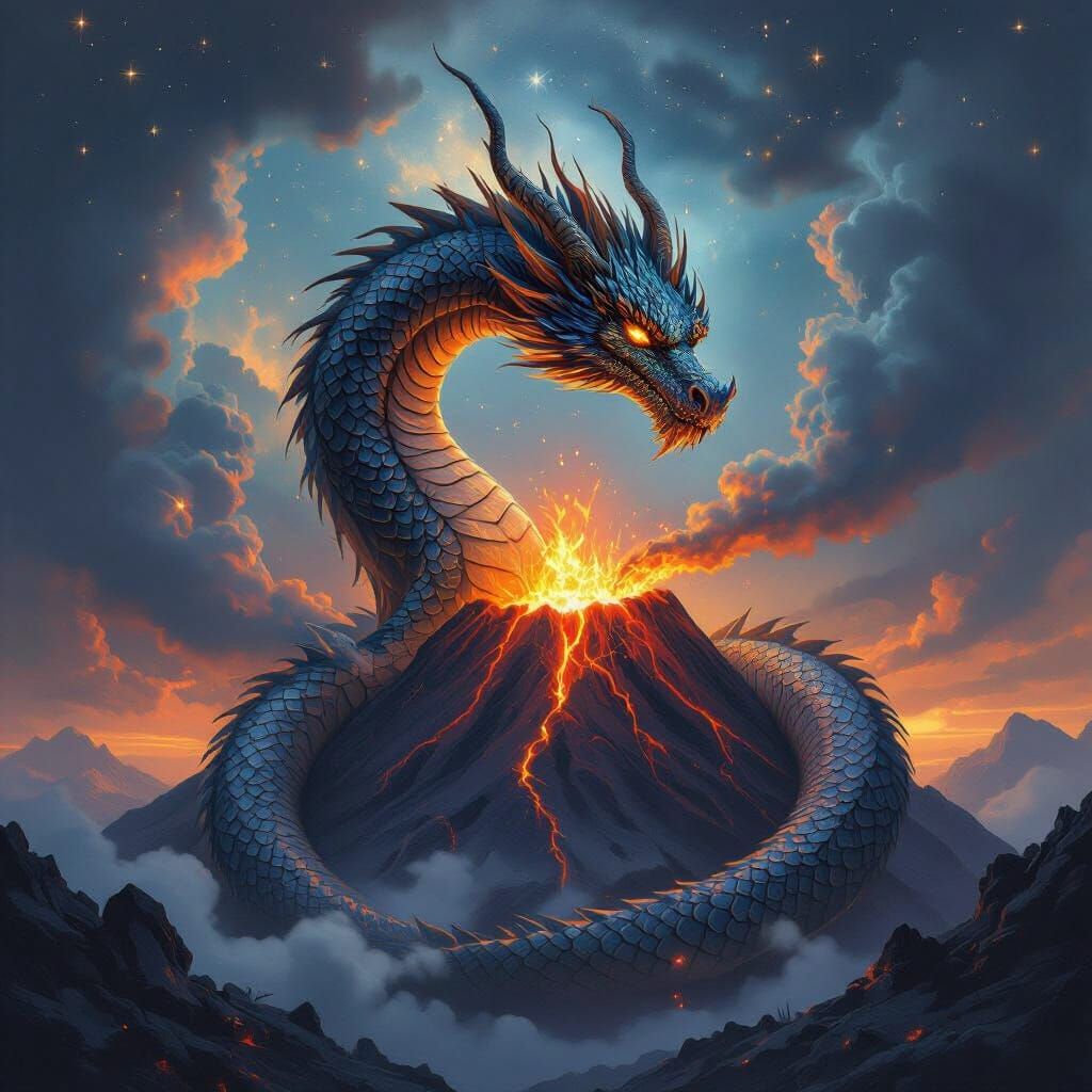 Celestial Dragon Around Volcano, Cosmic Scales