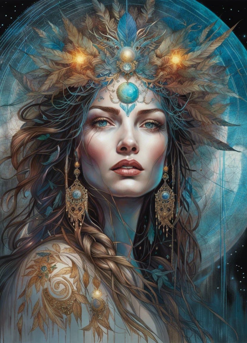 Radiant Moon Goddess Portrait in Hypermaximalist Style
