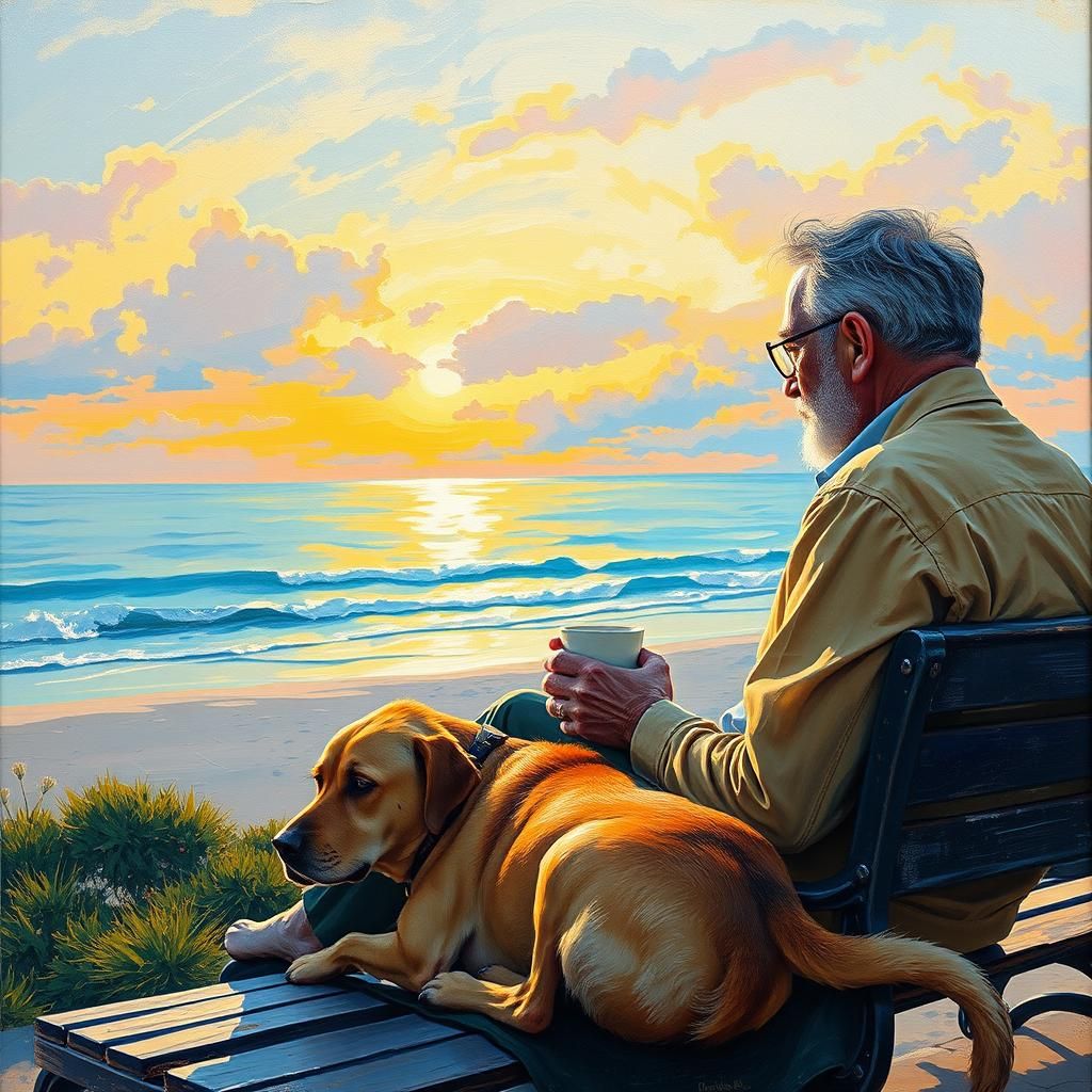 Man and Dog on Beach in Neo-Impressionist Style
