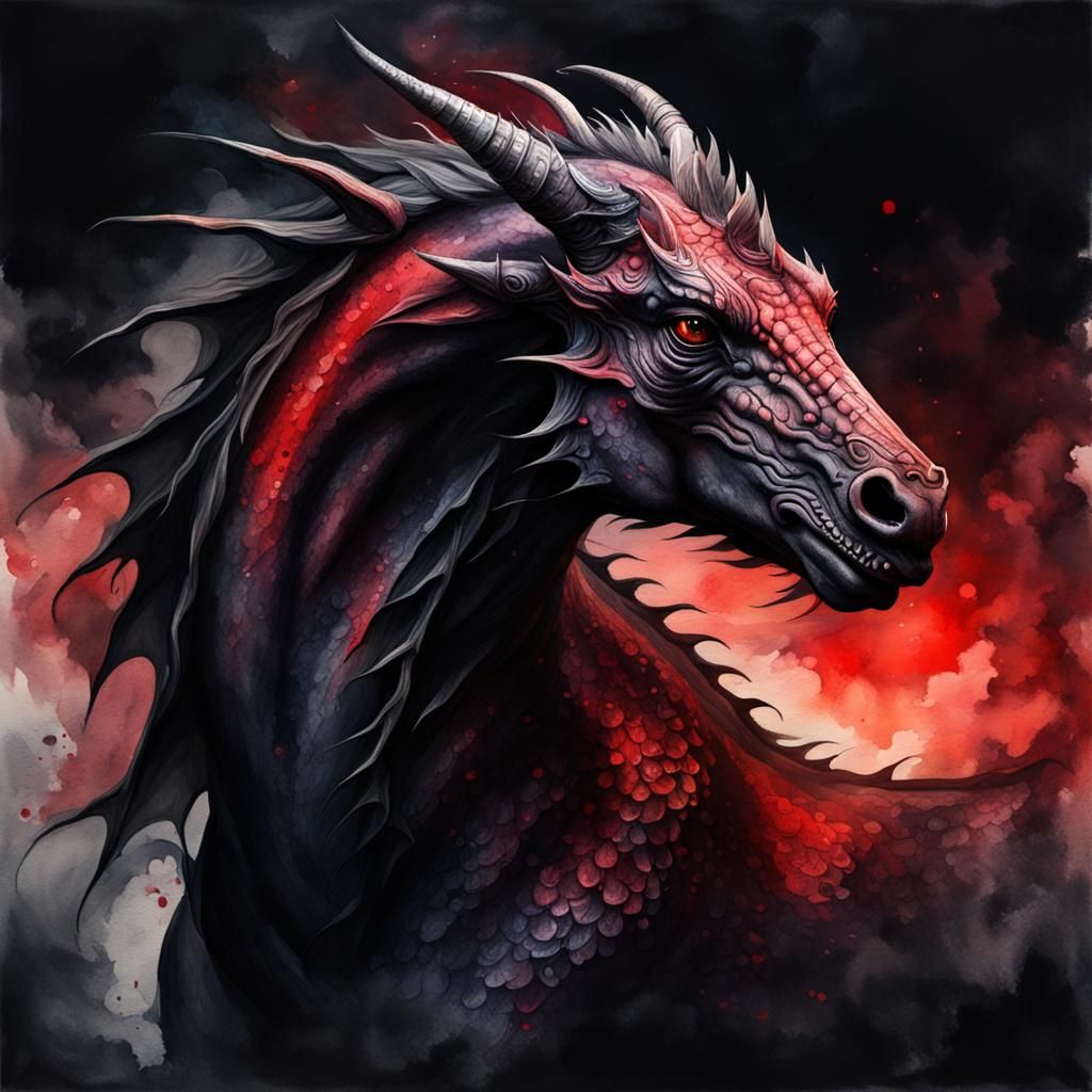 Dark Moody Watercolor Dragon-Horse Hybrid