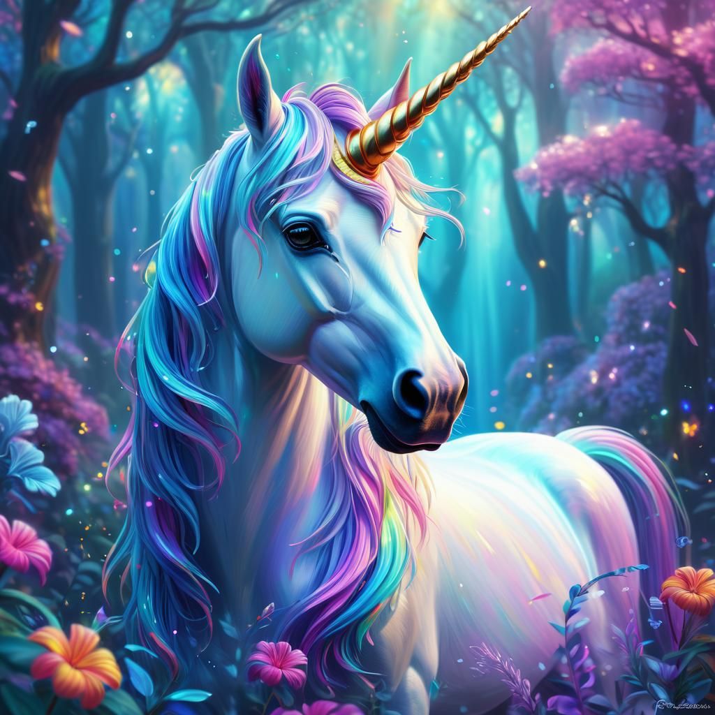 Iridescent Unicorn in Enchanted Forest, Digital Painting