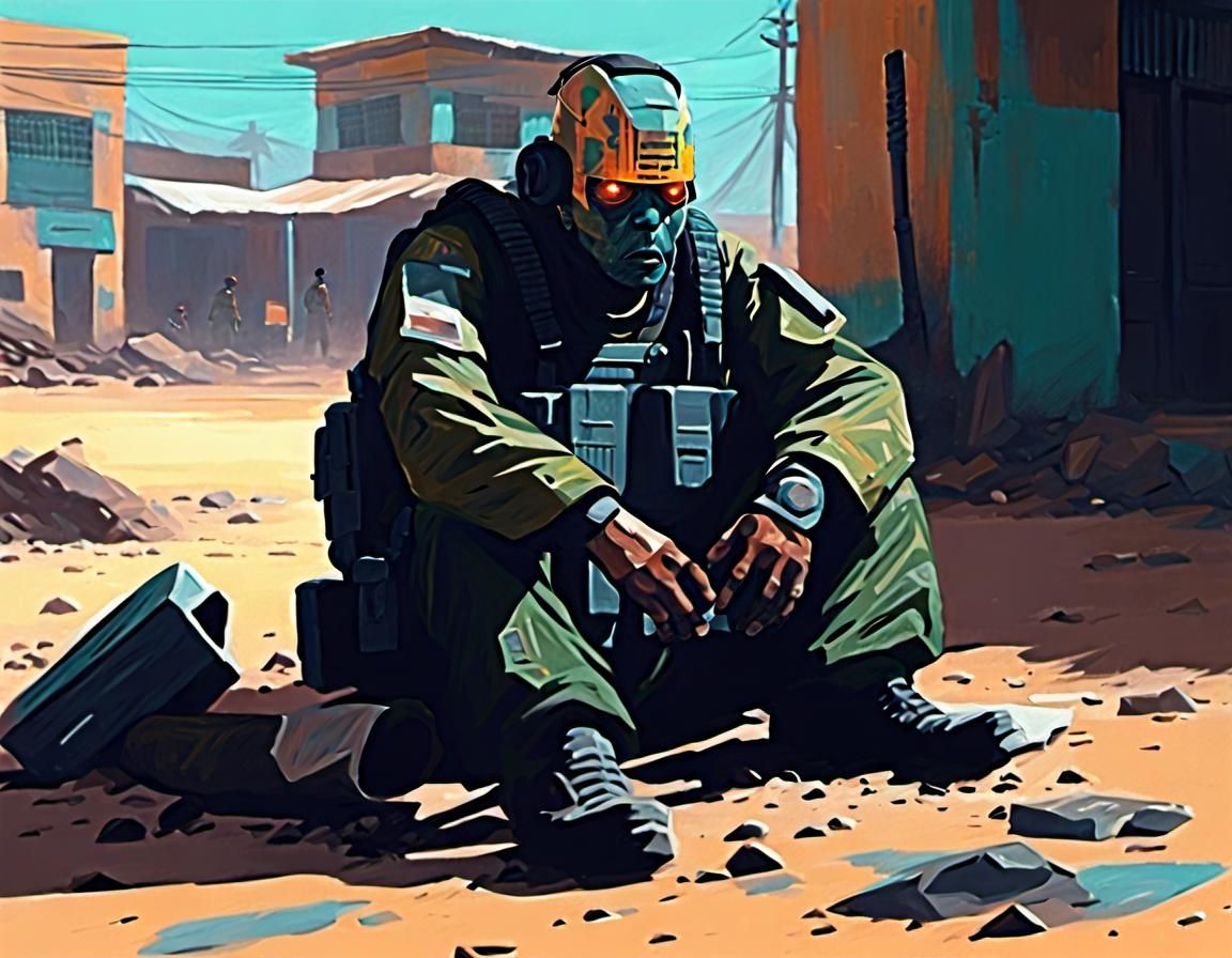 Mayan Soldier Reflects in Gritty Futuristic Setting