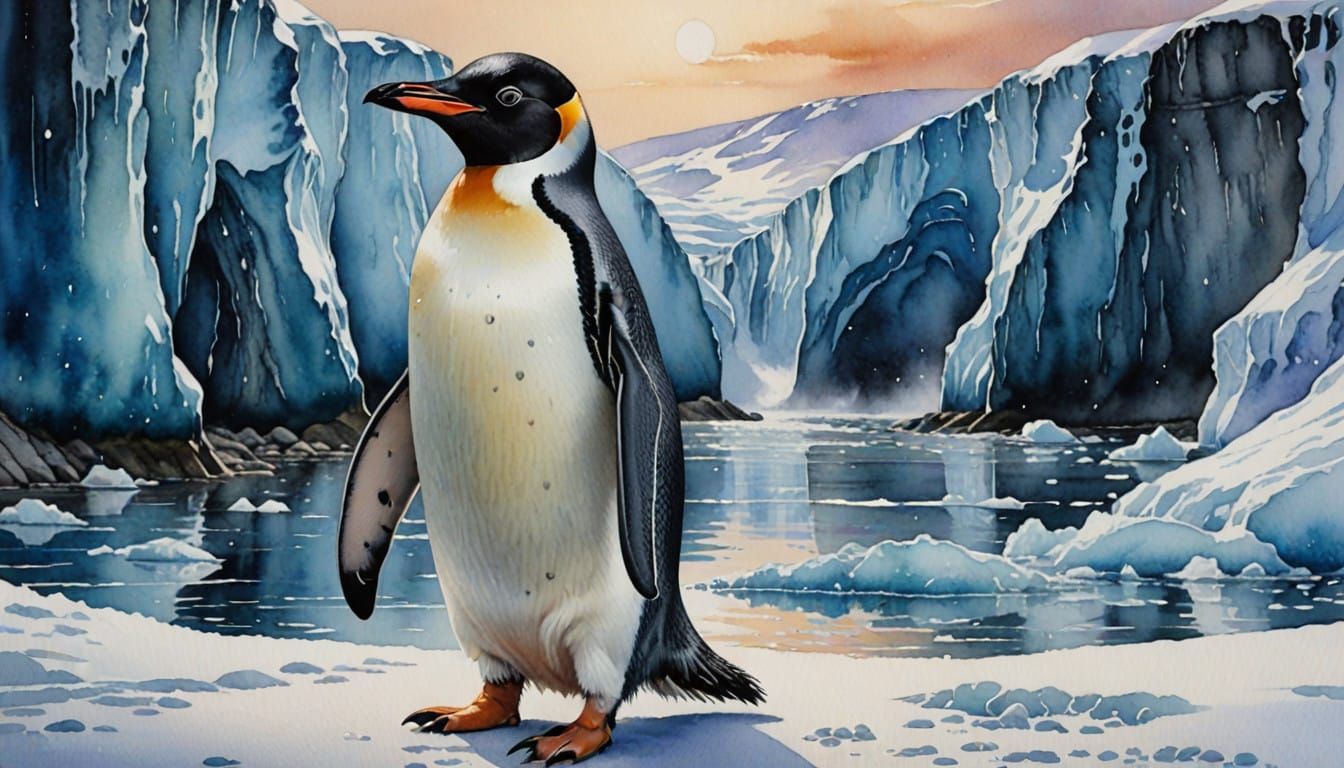 Elegant Penguin Portrait in Hyperrealistic Romantic Watercol...