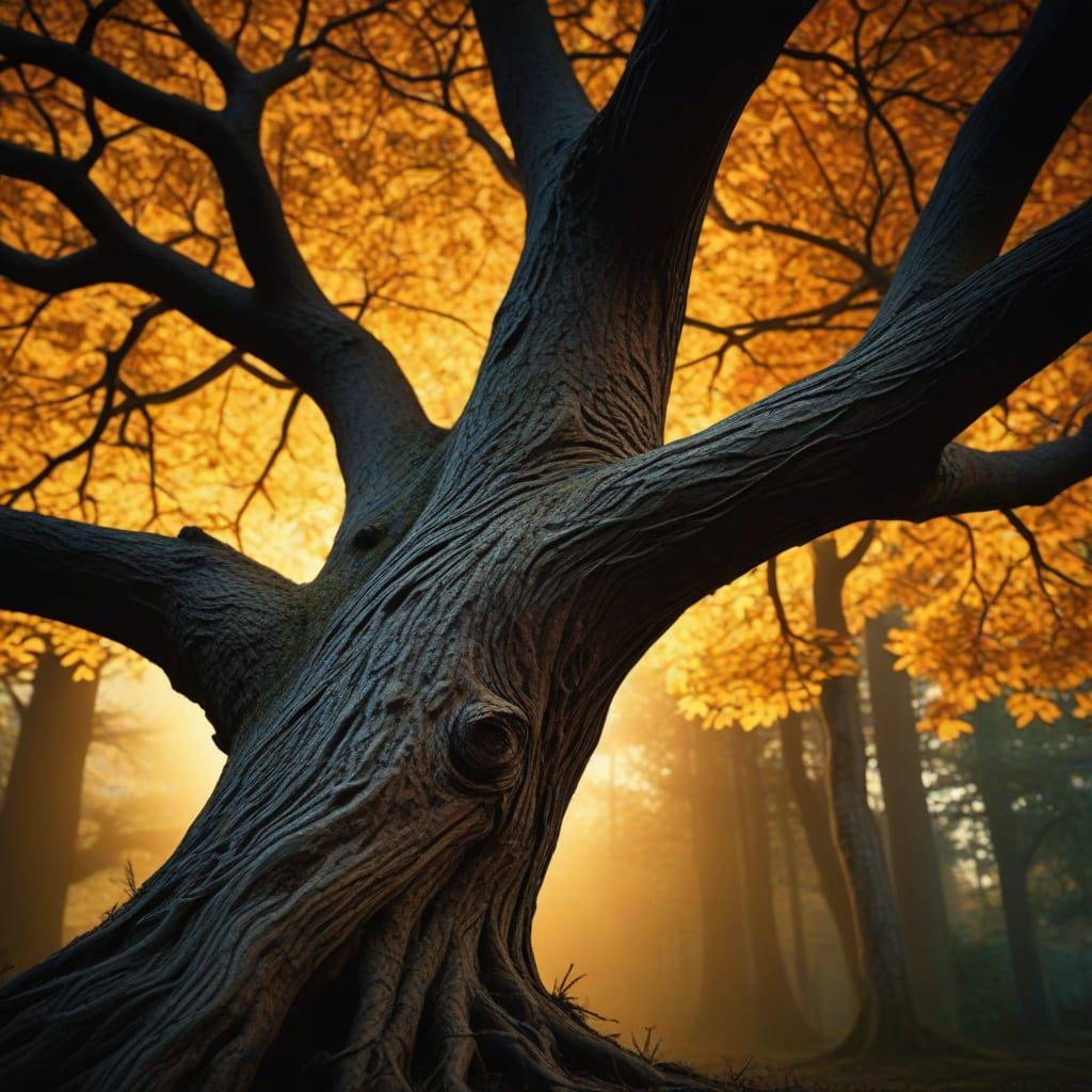 Cinematic Tree in M.C. Escher-Inspired Woodcut Style