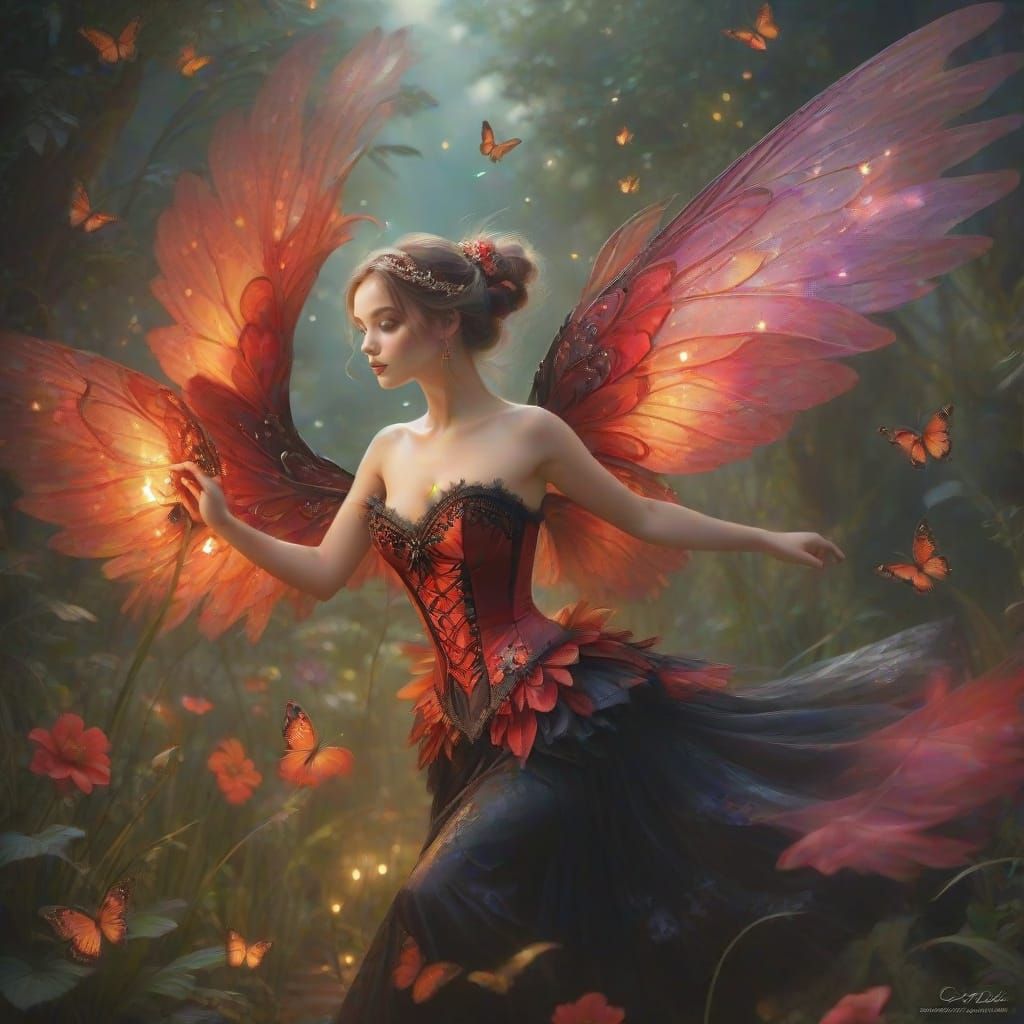 Dancing Woman with Flaming Dress in Moonlit Garden