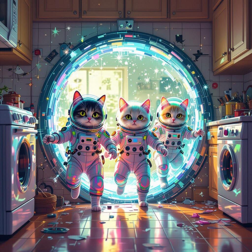 Whimsical Space Cats Invade Kitchen in Retro-Futuristic Styl...