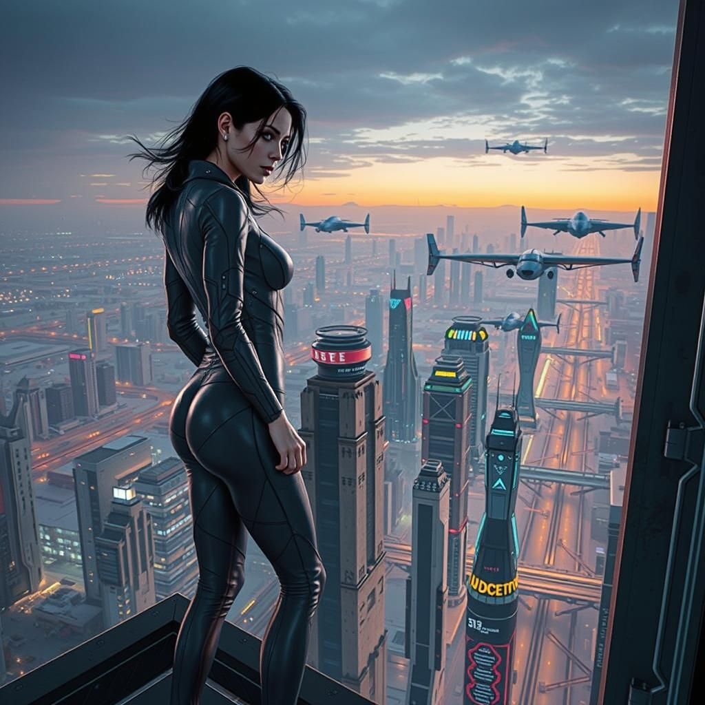 Cyberpunk Woman on Tower in Futuristic City