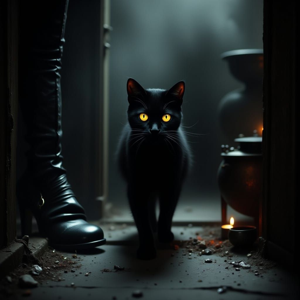 Pitch-Black Cat with Yellow Eyes Walks Out of Shadow