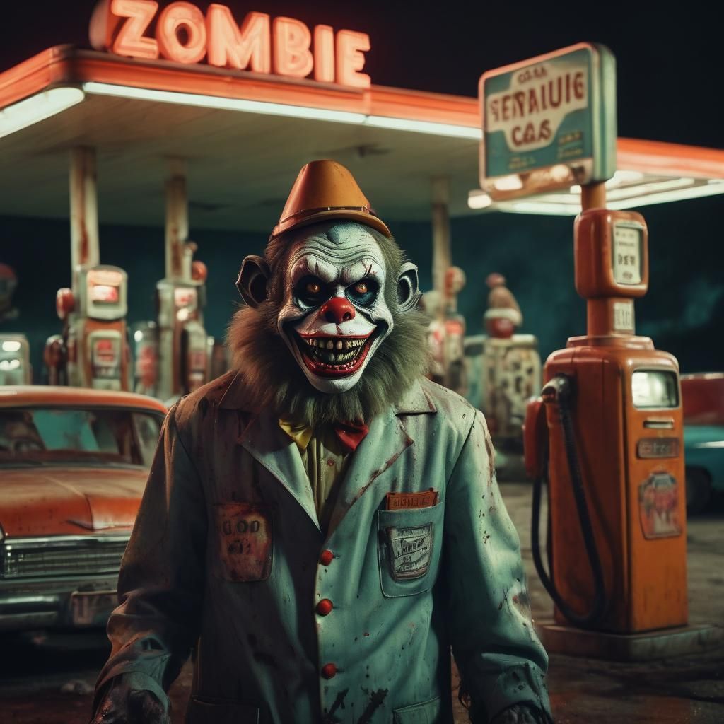 Zombie Monkey Clown Gas Station Horror Film Still