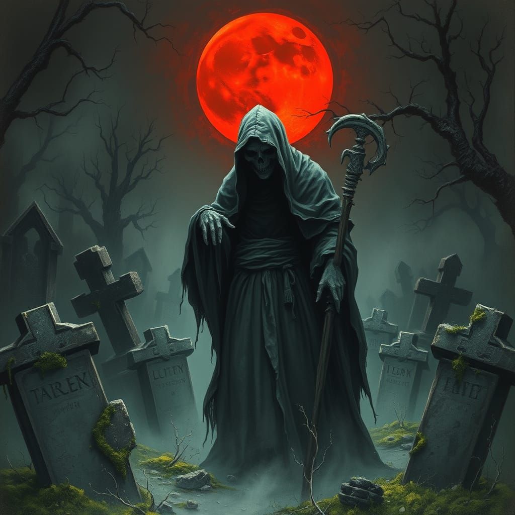 Ethereal Grim Reaper Haunting a Forsaken Cemetery
