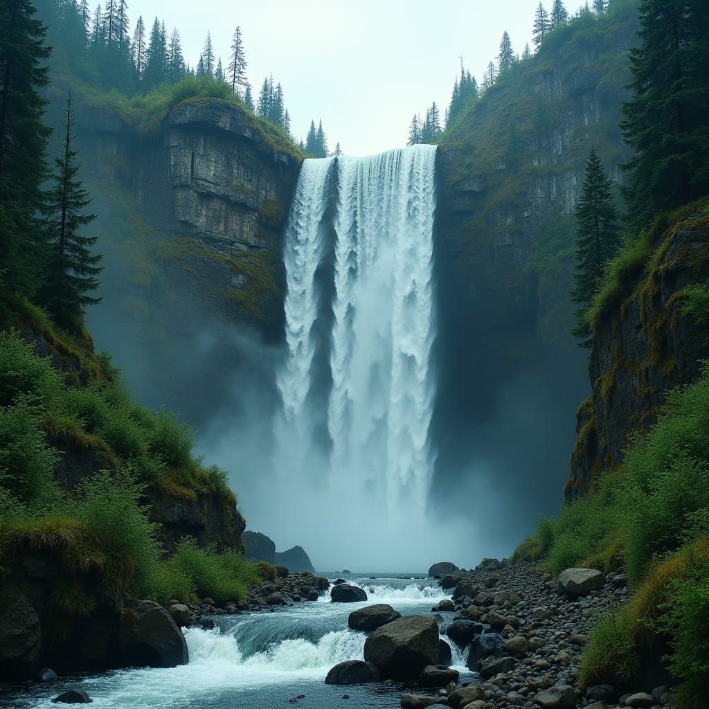 Majestic Waterfall Scene with Lush Greenery
