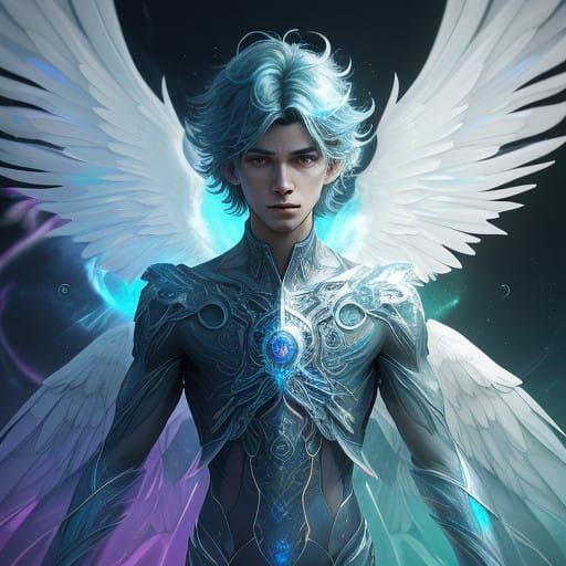 Ethereal Angel Boy Shines with Radiant Wings in Kaleidoscope...