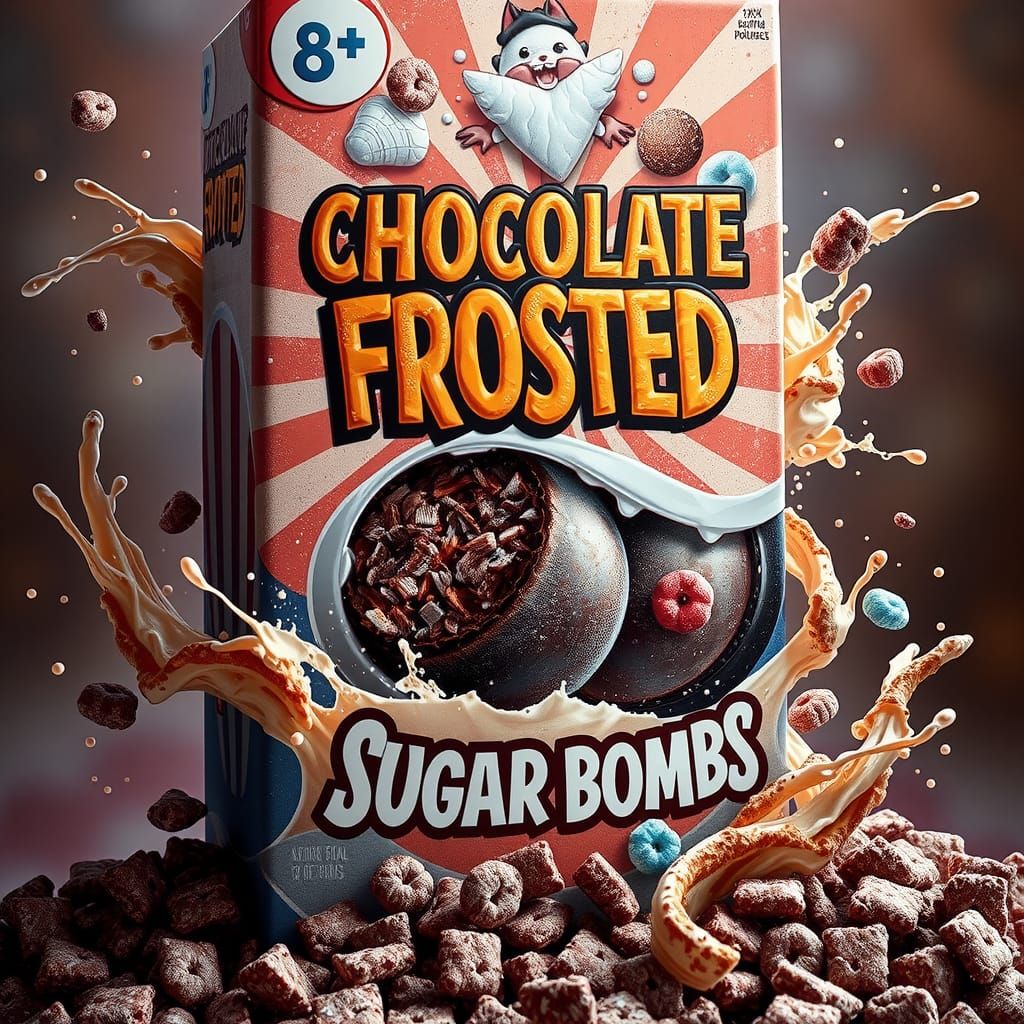 Chocolate Frosted Sugar Bombs Cereal Box Art