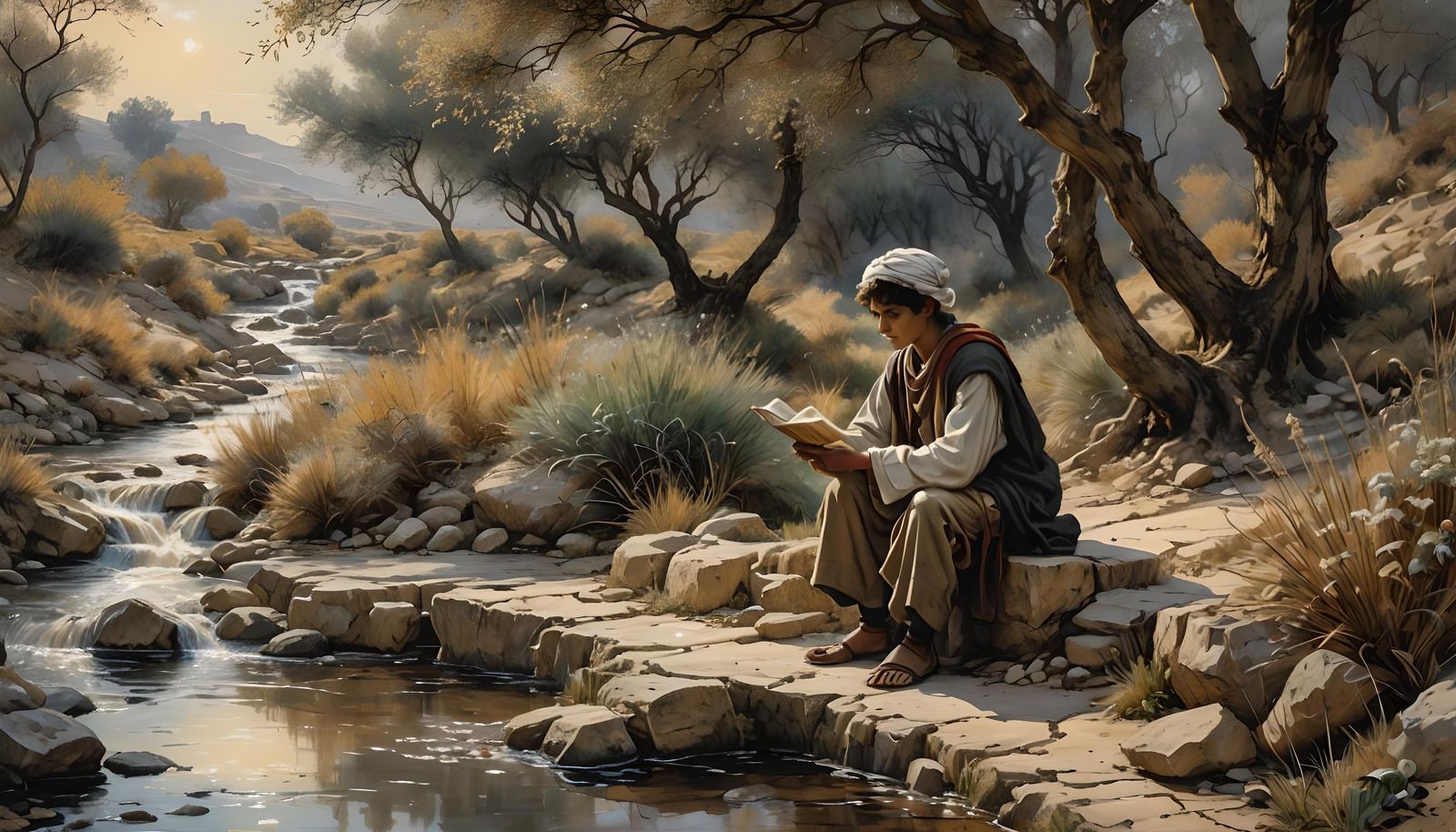 Young Scholar Reads Ancient Scroll: Golden Age Illustration