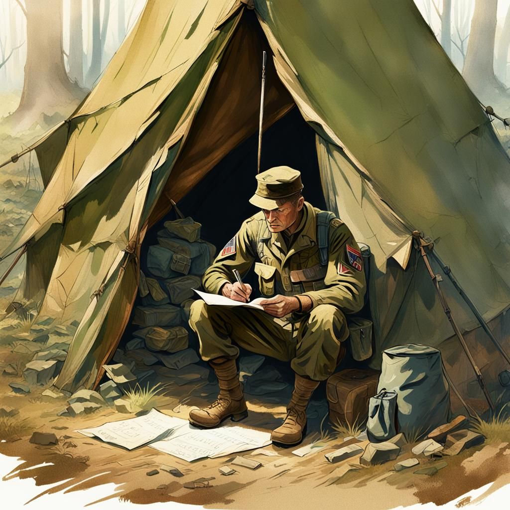 WWII Soldier Writing Letter: Matte Painting in Twilight