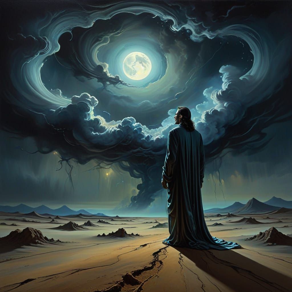 Surrealist Oil Painting: Cloaked Figure in Ethereal Light