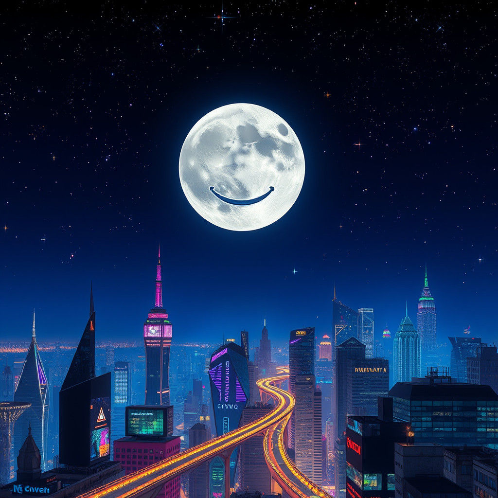 Surreal Indigo Night Sky Cityscape with Ethereal Moon