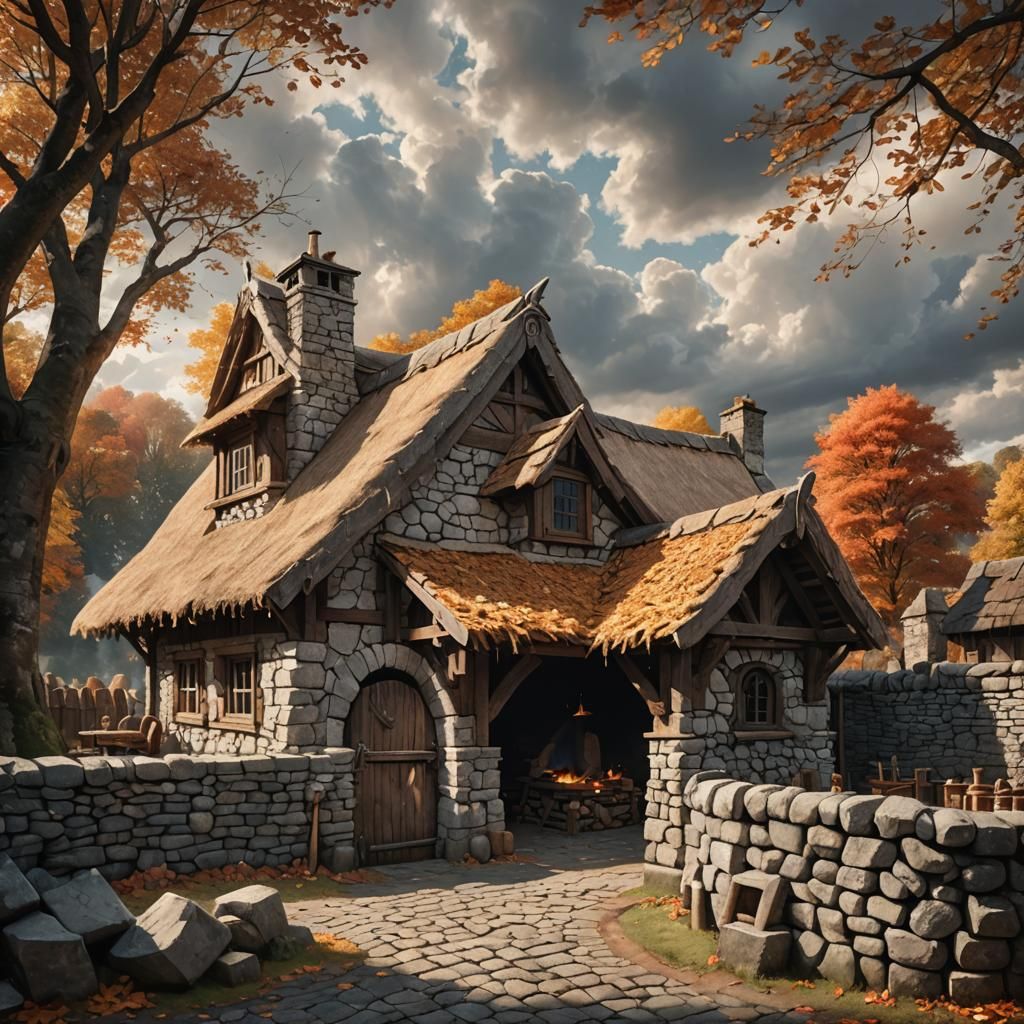 Stone Blacksmith Shop in Autumn Sunlight