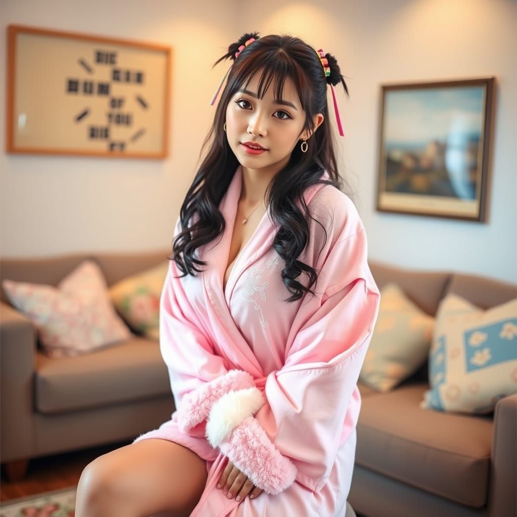 Sultry Japanese Gal Gyaru Poses in Pastel Pink Bathrobe