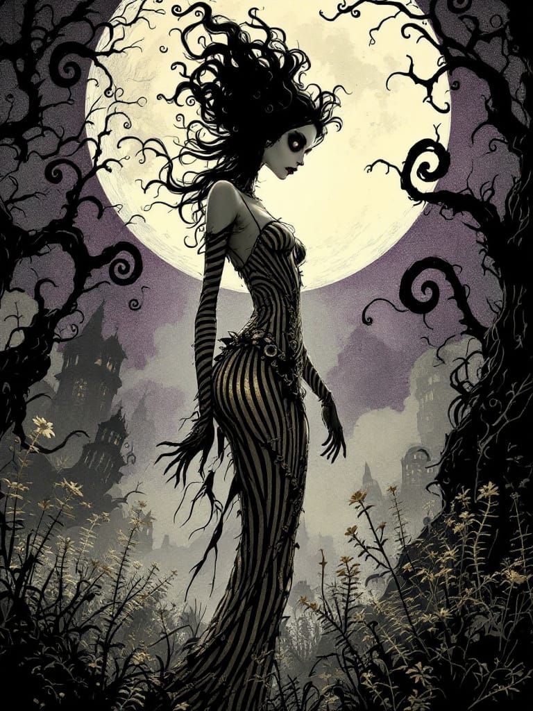Gothic Carnival Pin-Up Woman Under Full Moon