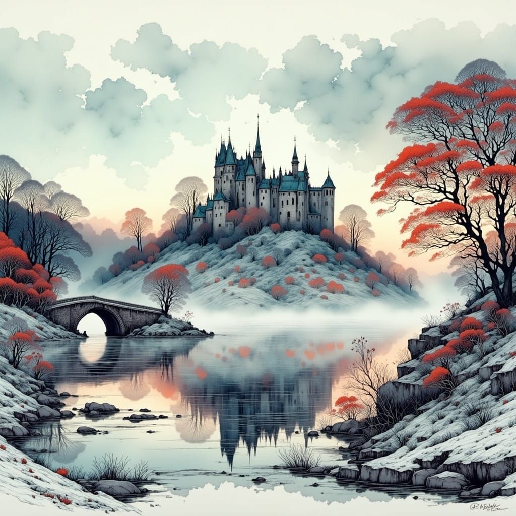 Ethereal Castle Ruin on Misty Icy Morning