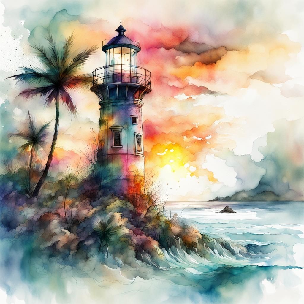 Tropical Sunset Lighthouse Watercolor Illustration