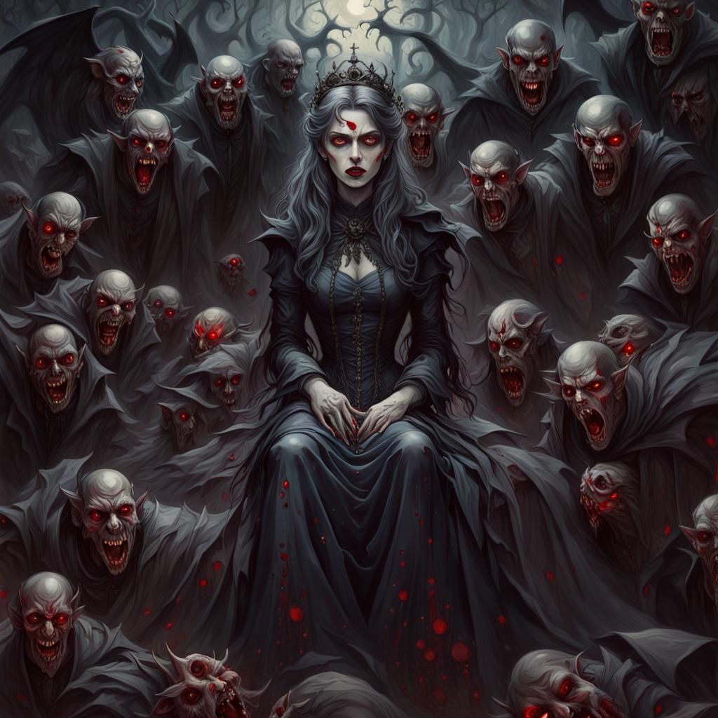 Vampire Queen Surrounded: Gothic Oil Painting