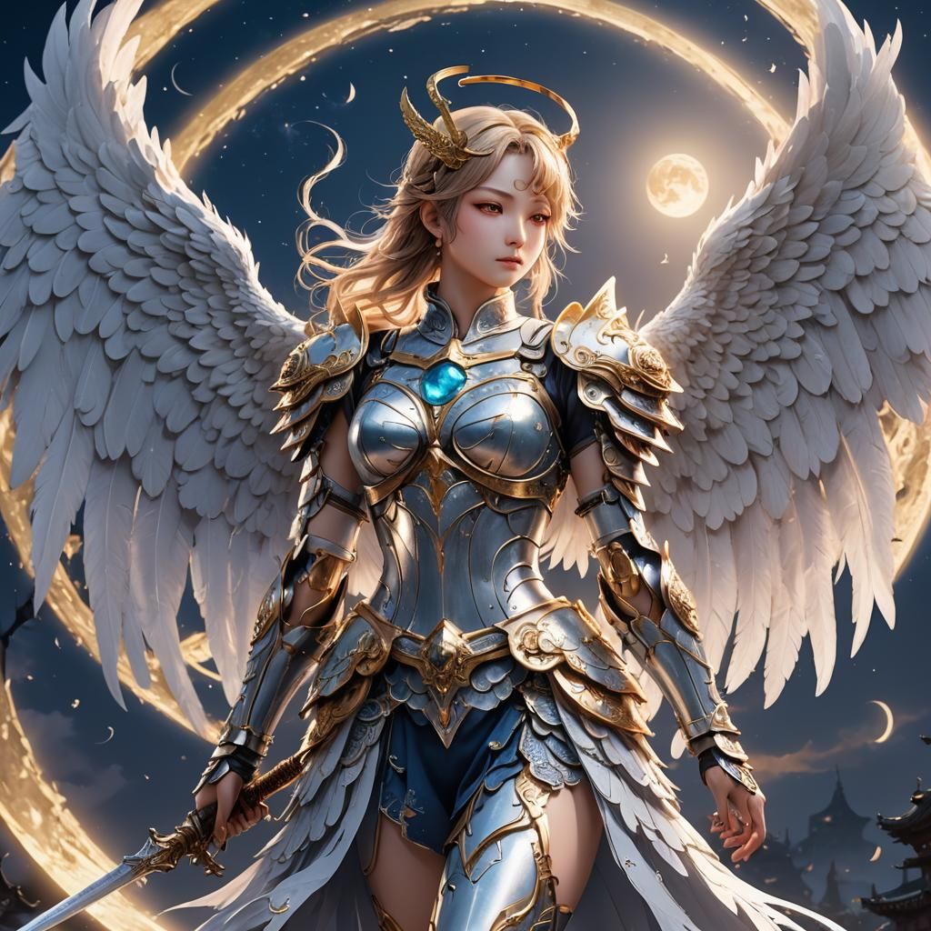 Anime Angel Warrior in Moonlight: 3D Digital Art