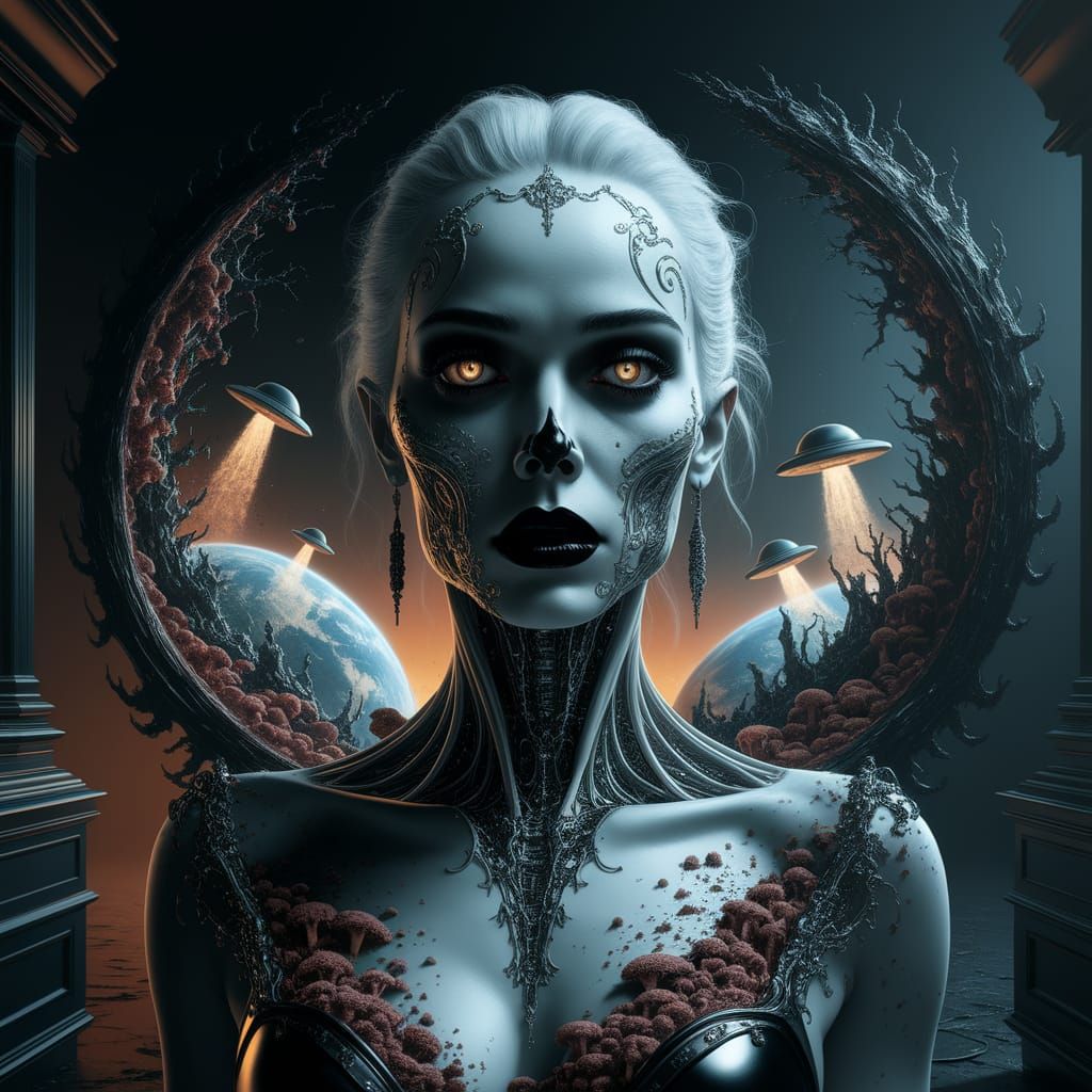 Haunting Zombie Portrait with Metallic Finish and Biomechani...