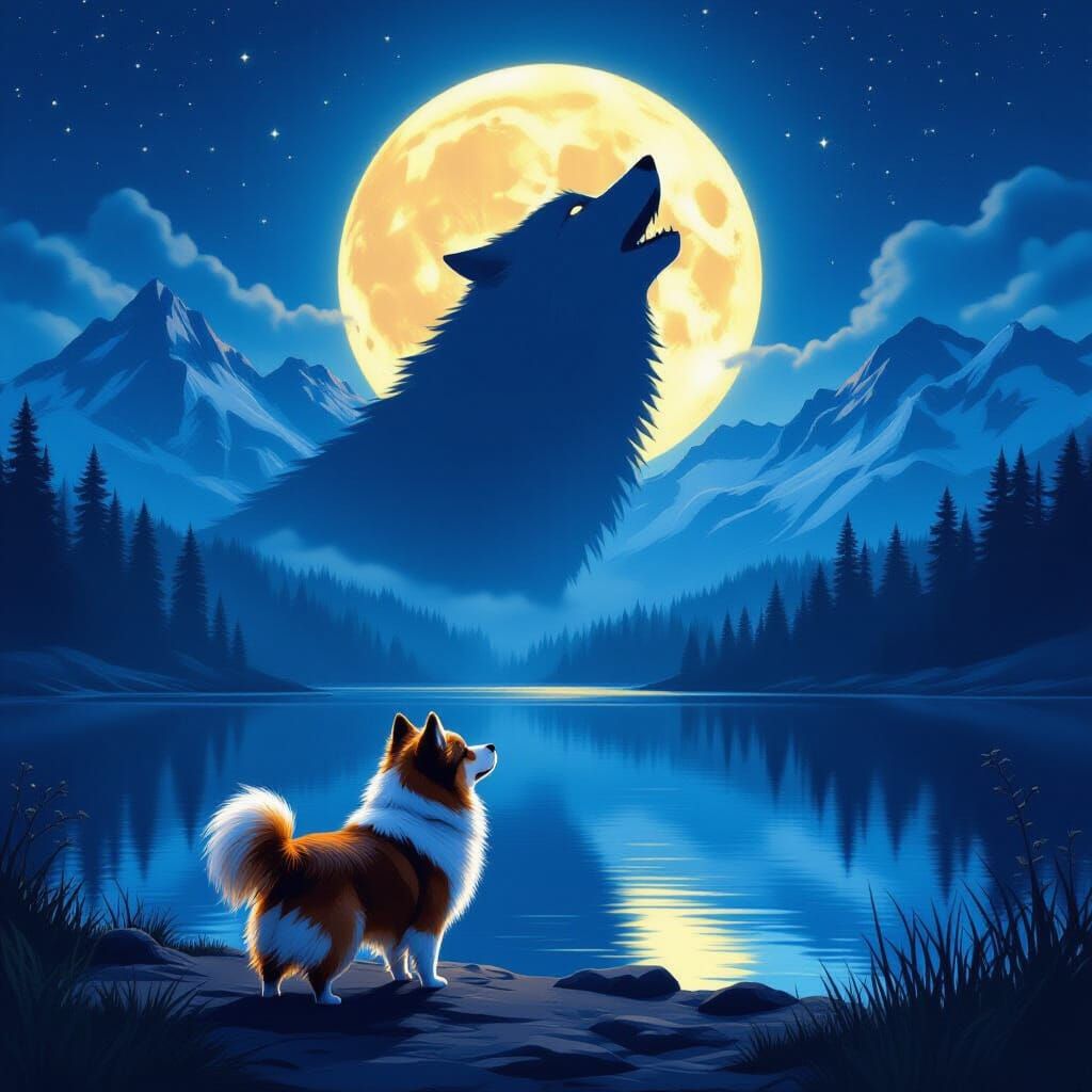 Mystical Moonlit Lake Scene with Dog and Wolf Shadow