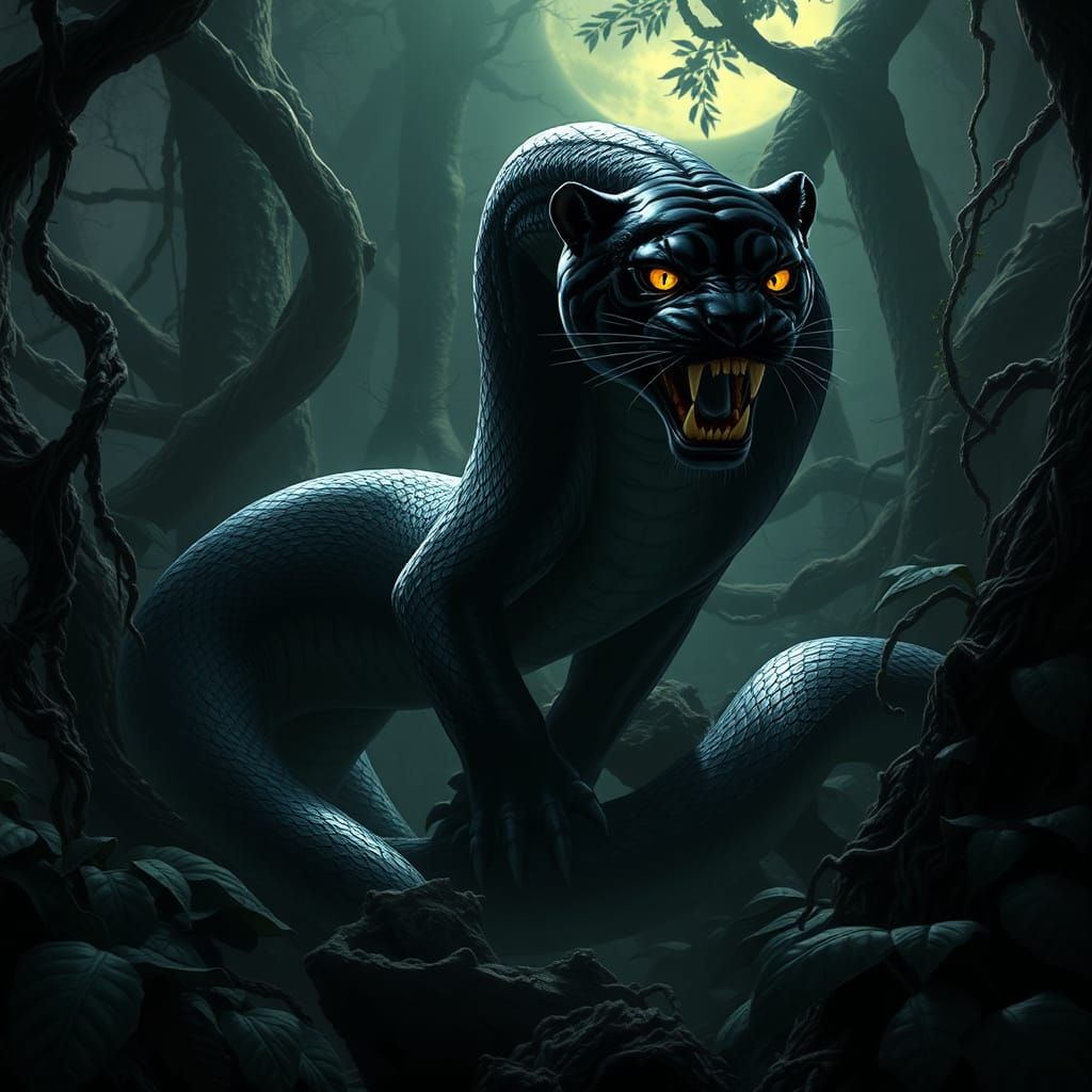 Panther-Snake Hybrid in Moonlit Jungle, Dark Fantasy Art