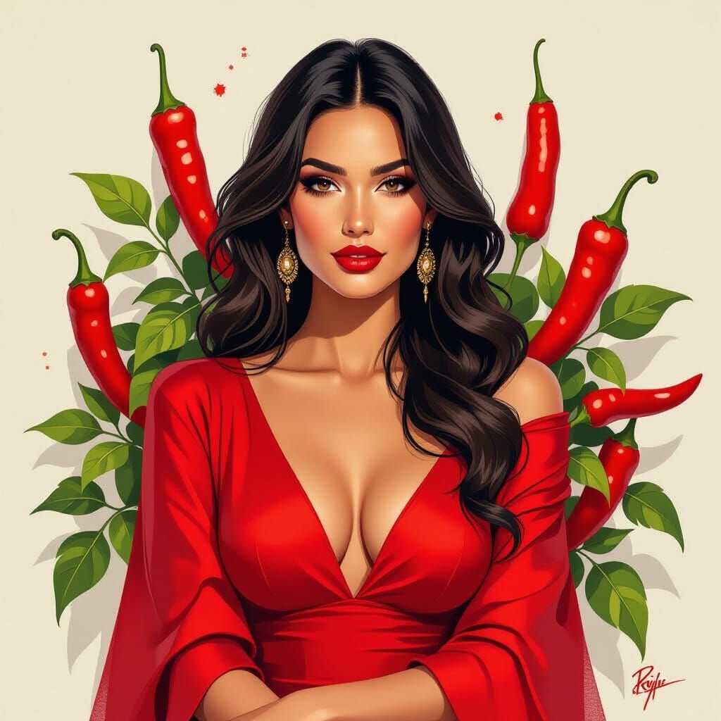 Regal Woman in Red Chile Pepper Field