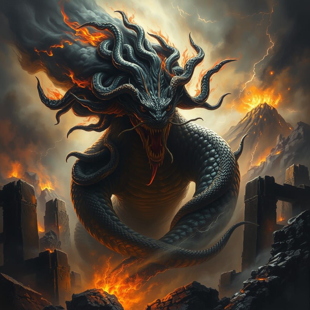 Dark Fantasy Serpent Woman Emerges from Smoldering Ruins in ...