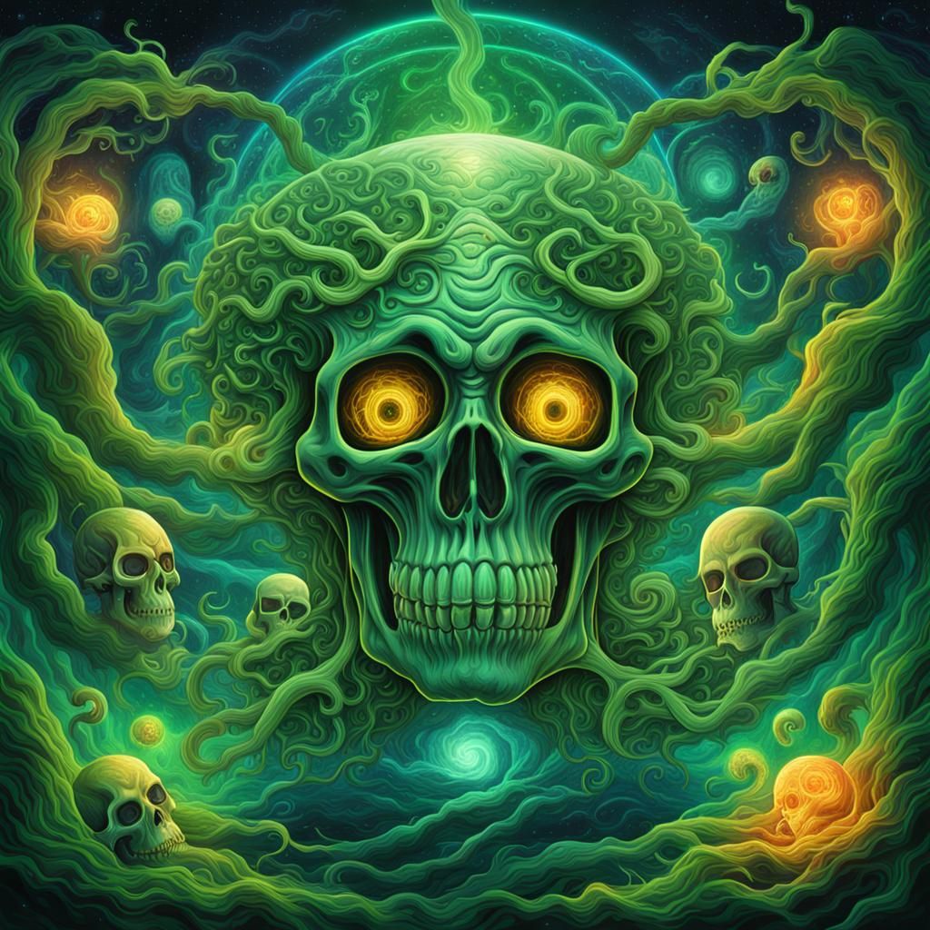 Cosmic Horror: Skulls and Alien Vines in Flames